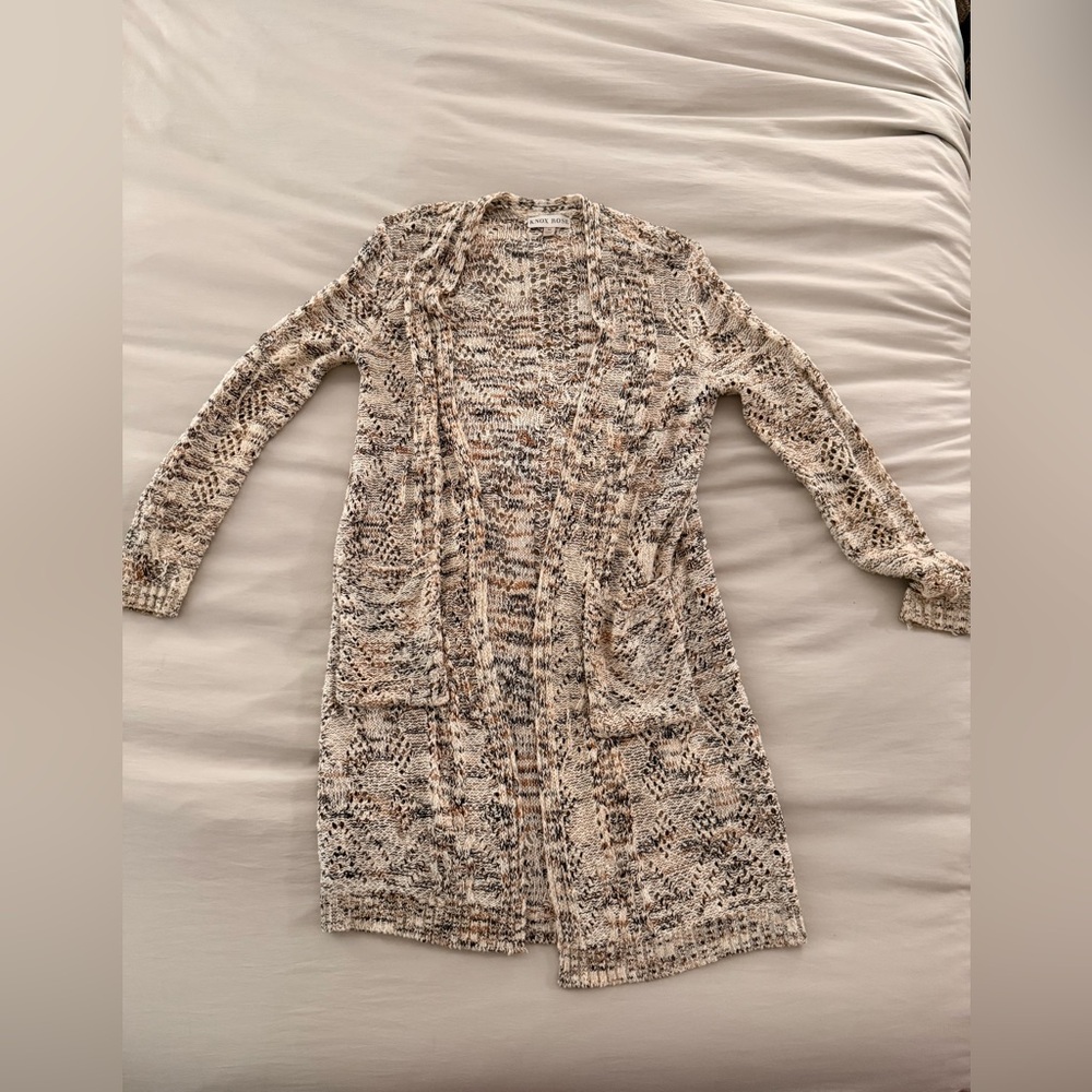 Knox Rose Marled Open-Front Cardigan in Cream and Brown Mix